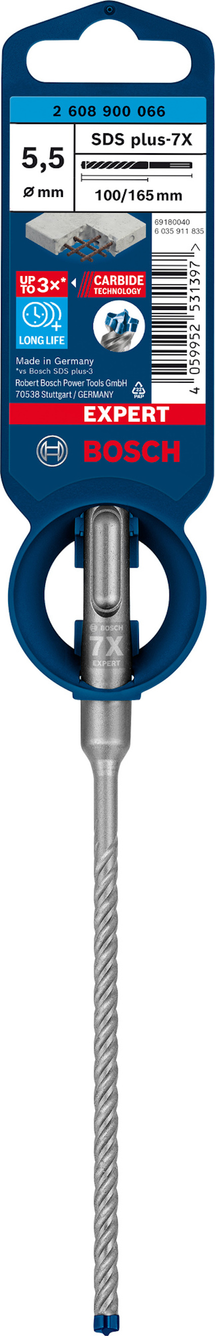 Borr för betong med SDS-plus fattning, 5,5 mm diameter, 100/165 mm längd från Bosch, i förpackning.
