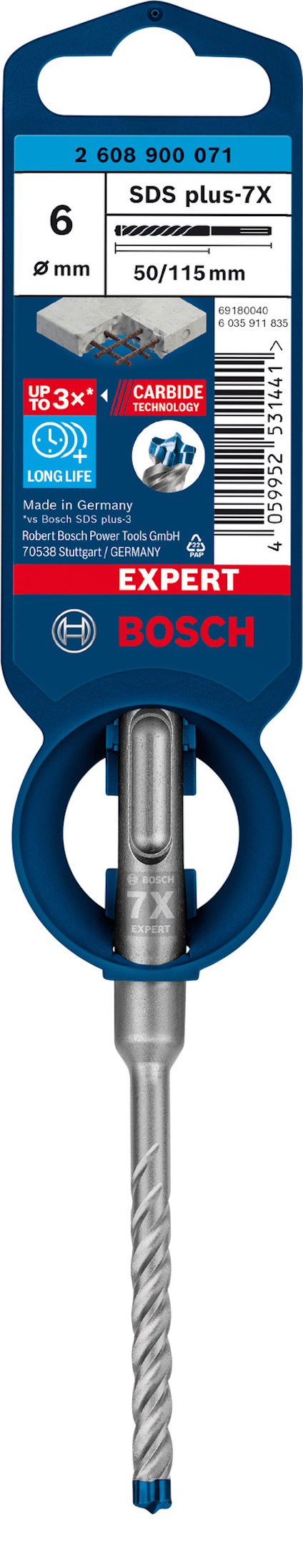 Borr av märket Bosch Expert SDS plus-7X, storlek 6 mm, längd 50/115 mm i förpackning med blå och grå detaljer.