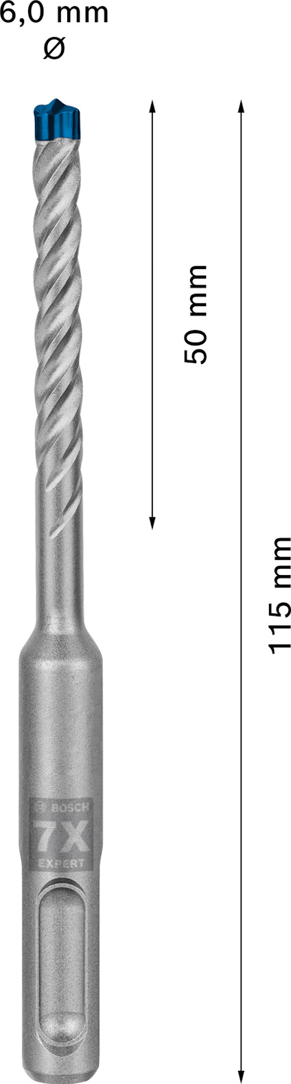 Borr med blå spets och silverfärgad kropp, märkningar "7X", 6,0 mm diameter, 115 mm längd, 50 mm spiral.