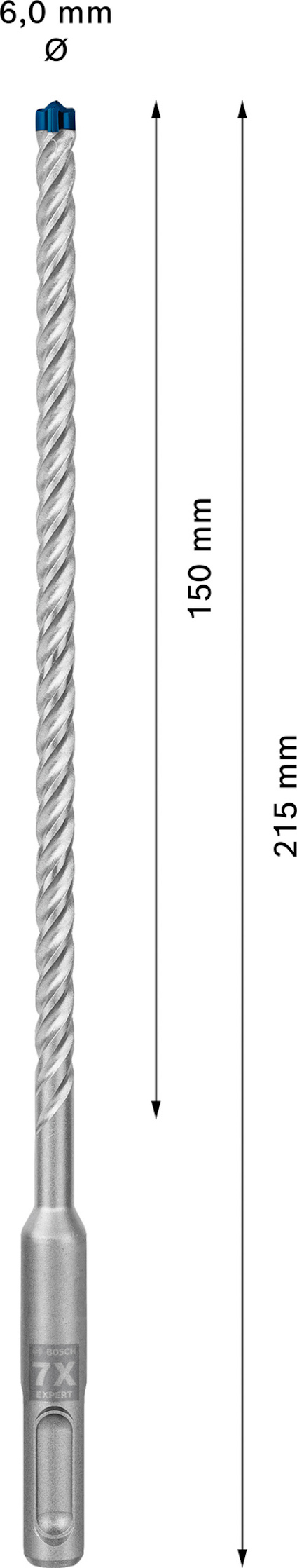 Borr med spiraldesign, diameter 6,0 mm, längd 215 mm total och 150 mm användbar.