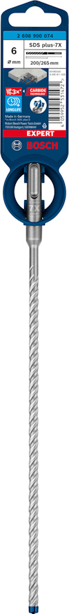 Borr från Bosch med blå och silver design, etikett med texten "Expert SDS max-8X", 8 mm, 200 x 340 mm.