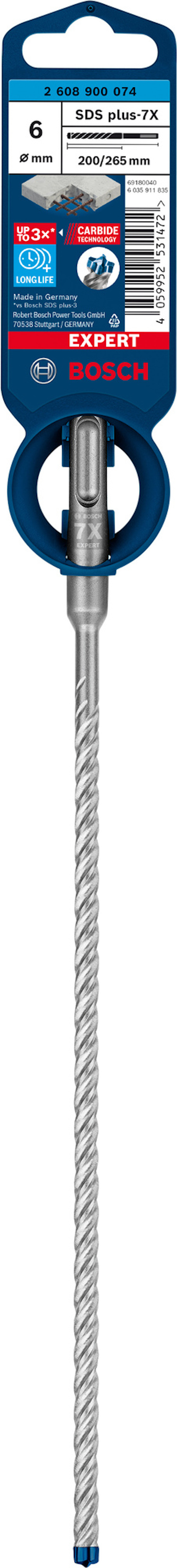 Borr från Bosch med blå och silver design, etikett med texten "Expert SDS max-8X", 8 mm, 200 x 340 mm.