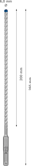 Borr med märkning 200 mm längd, 6,0 mm diameter, och 265 mm total längd markerat med pilar och måttsiffror.