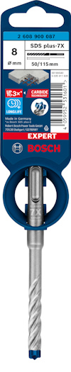 Borr från Bosch med etikett som visar specifikationer: SDS plus-7X, 8 mm diameter, 115 mm längd, 2 608 900 087.