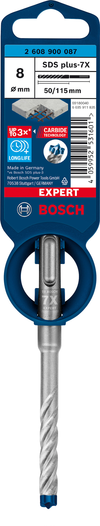 Borr från Bosch med etikett som visar specifikationer: SDS plus-7X, 8 mm diameter, 115 mm längd, 2 608 900 087.