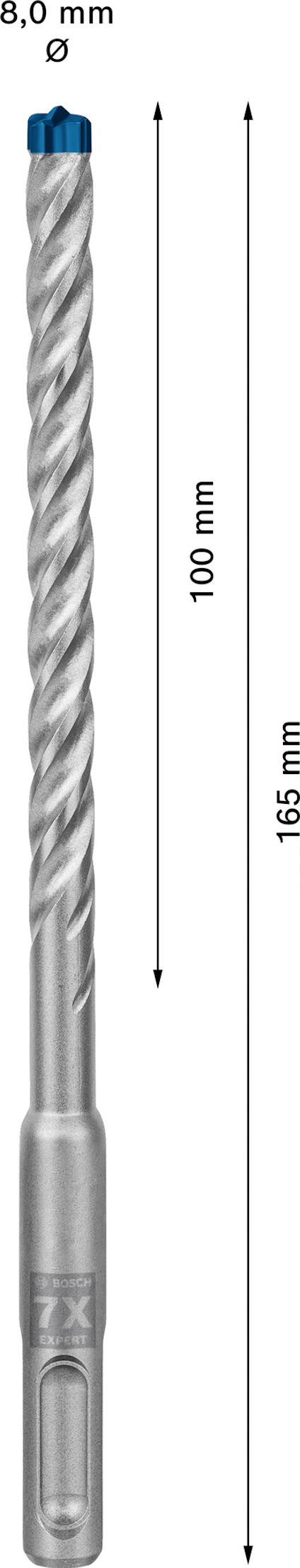 Borr med spiraldesign, 8,0 mm diameter, 165 mm längd. Visar måttangivelser och spetsdetaljer.