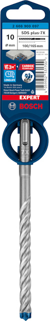Borr i förpackning, märkt Bosch SDS plus-7X, 10mm, 100/165mm, med olika symboler och text på etiketten.