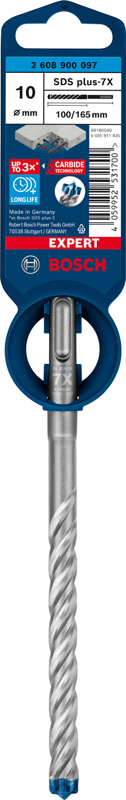 Borr i förpackning, märkt Bosch SDS plus-7X, 10mm, 100/165mm, med olika symboler och text på etiketten.