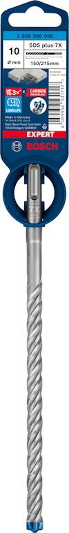 Borr tillverkat av Bosch med etikett och märkning "EXPERT SDS plus-7X" och storlek 10 mm.