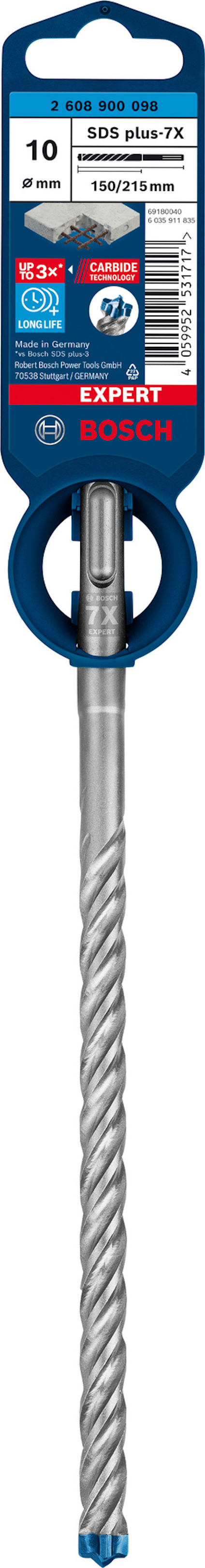Borr tillverkat av Bosch med etikett och märkning "EXPERT SDS plus-7X" och storlek 10 mm.