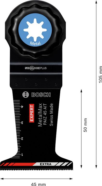 Multiverktygsblad för metall, med rund fästning och märke "Bosch EXERT". Längd 105 mm, bredd 45 mm.