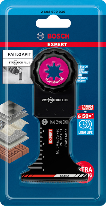 Förpackning för Bosch Expert Starlock Plus multiverktygblad, modell PAI 52 APIT, med text och bild av bladet.