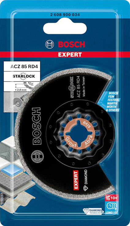 Förpackning med BOSCH Expert ACZ 85 RD4 Starlock diamantklinga, 85 mm, för kakel och trä.