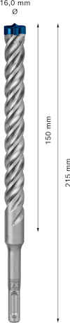 Borr för stenmaterial, SDS-fäste, 16 mm diameter, 150 mm borrdjup, 215 mm total längd, pil visar riktning.