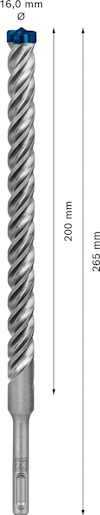 Borr med spiraldesign, 16,0 mm diameter, 265 mm total längd, 200 mm arbetslängd.