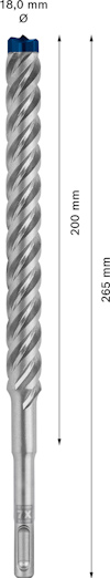 Borr med spiraldesign, längd 265 mm, användbar längd 200 mm, diameter 18 mm, pilmarkeringar upp och ner.
