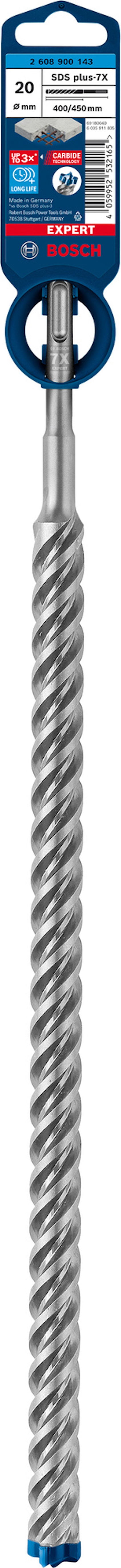Metallborr med spiraldesign och blå etikett med texten "20 mm" och "Bosch".