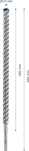 Borrspets av metall med spiraldesign, 20,0 mm i diameter och 450 mm i längd, text "400 mm".