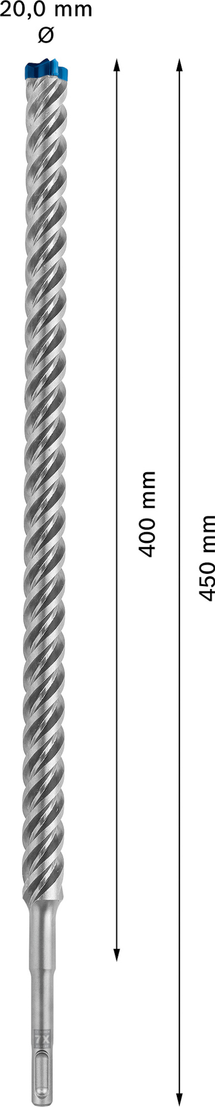 Borrspets av metall med spiraldesign, 20,0 mm i diameter och 450 mm i längd, text "400 mm".