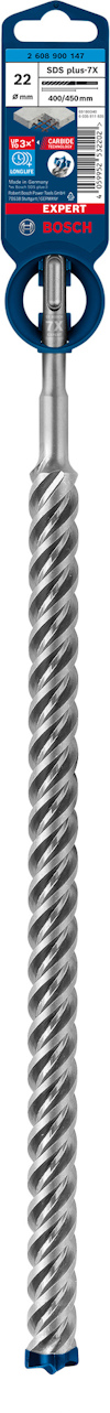Borrbits av märket Bosch med spiralformade åsar och blå etikett märkt "22 mm".