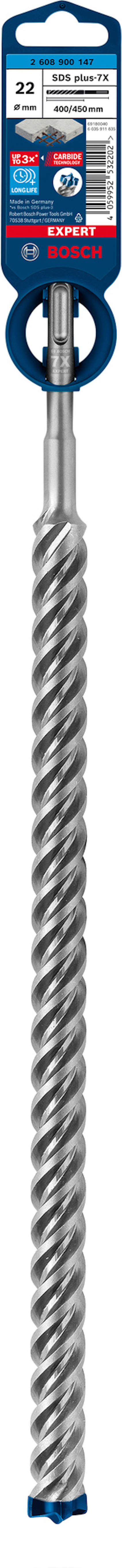 Borrbits av märket Bosch med spiralformade åsar och blå etikett märkt "22 mm".