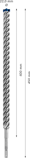 Borr med spiraldesign, 450 mm längd, 22 mm diameter.