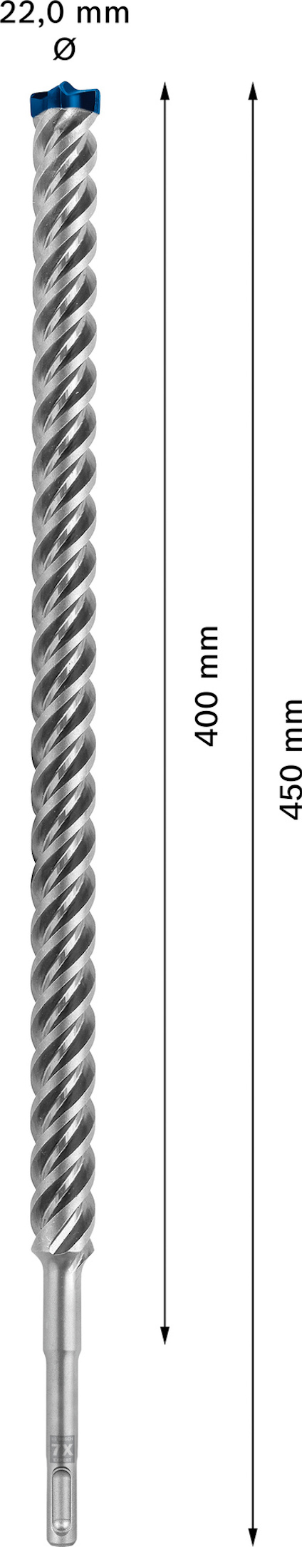 Borr med spiraldesign, 450 mm längd, 22 mm diameter.