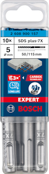 Förpackning med Bosch SDS plus-7X borr, 10 st, 5 mm, 50/115 mm, med "Carbide Technology" märkning.