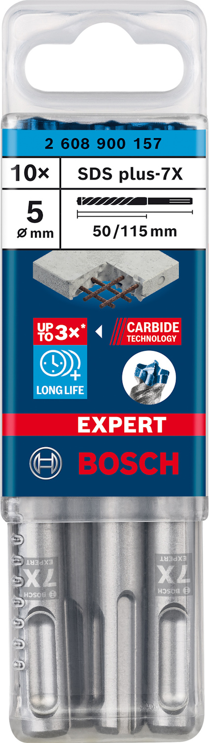 Förpackning med Bosch SDS plus-7X borr, 10 st, 5 mm, 50/115 mm, med "Carbide Technology" märkning.