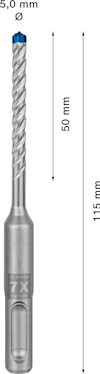 Borr med blå spets, märkning 7X, 50 mm arbetslängd, 115 mm total längd och 5 mm diameter.