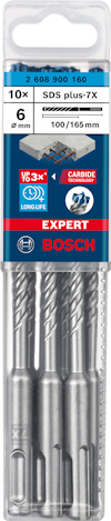 Förpackning med 10 st Bosch SDS plus-7X borr, 6 mm x 100/165 mm, med text och Bosch-logotyp.