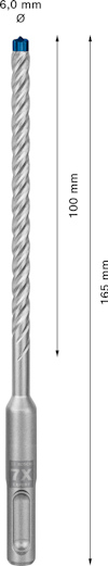 Borr med spiralformat skaft, längd 165 mm, arbetslängd 100 mm, diameter 6,0 mm, med märkning och pilar för längd.
