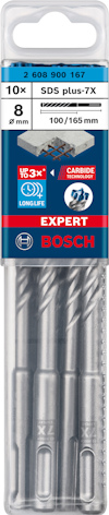 Förpackning med 10 Bosch SDS plus-7X borr, storlek 8x165 mm.
