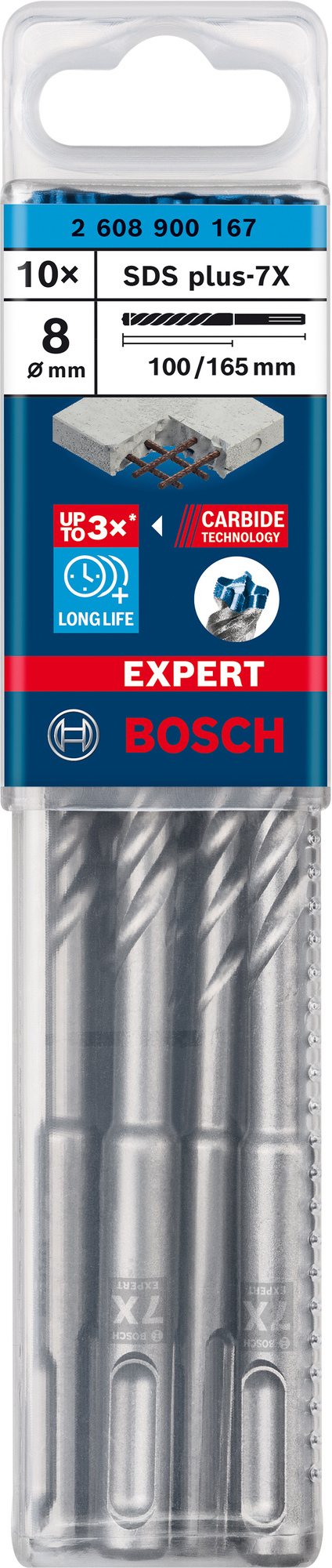 Förpackning med 10 Bosch SDS plus-7X borr, storlek 8x165 mm.