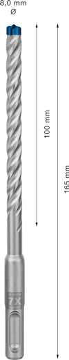 Borrbits med spiraldesign, 8,0 mm diameter, total längd 165 mm, arbetslängd 100 mm.