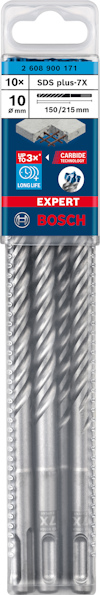Borrset Bosch SDS plus-7X, 10 delar, 150/215 mm, "EXPERT" och "CARBIDE" tryckt på förpackningen.