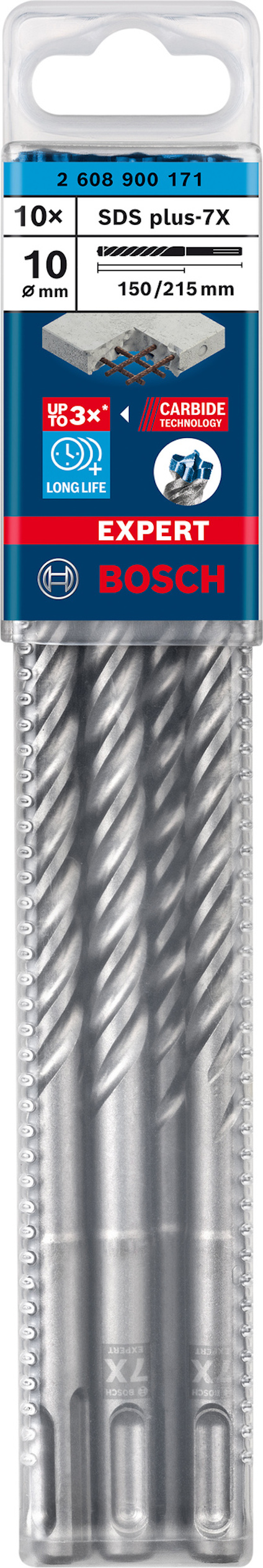 Borrset Bosch SDS plus-7X, 10 delar, 150/215 mm, "EXPERT" och "CARBIDE" tryckt på förpackningen.