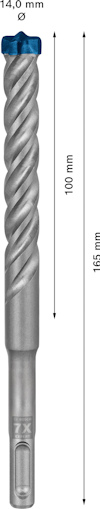 Borr med spiraldesign, märkning "14,0 mm ∞", längdangivelser 100 mm och 165 mm.