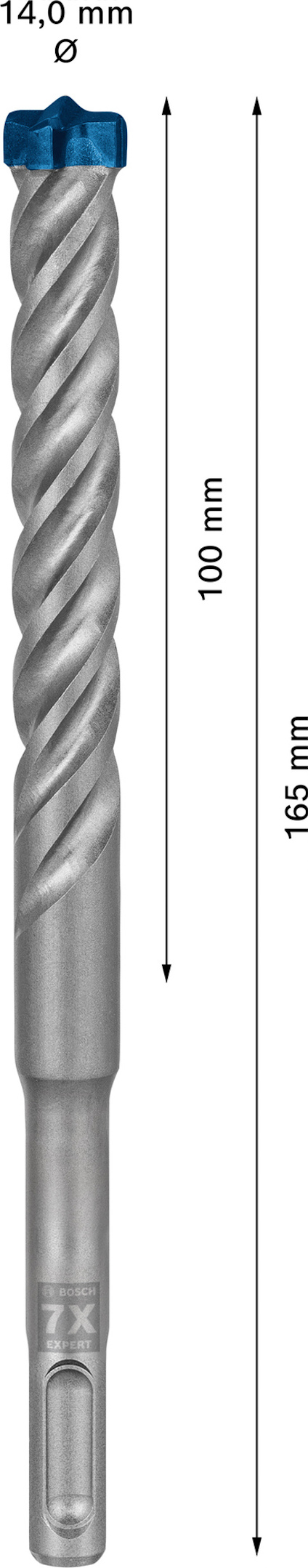 Borr med spiraldesign, märkning "14,0 mm ∞", längdangivelser 100 mm och 165 mm.