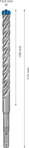 Borr med spiraldesign, 215 mm lång, 14 mm diameter, uppmätta längder markerade med pilar.