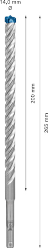 Borr med spiraldesign, 14,0 mm diameter och 265 mm längd, med måttangivelse i millimeter.