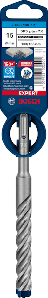 Borr för betong och sten "Bosch SDS plus-7X", 8 mm x 165 mm, etikett med specifikationer.