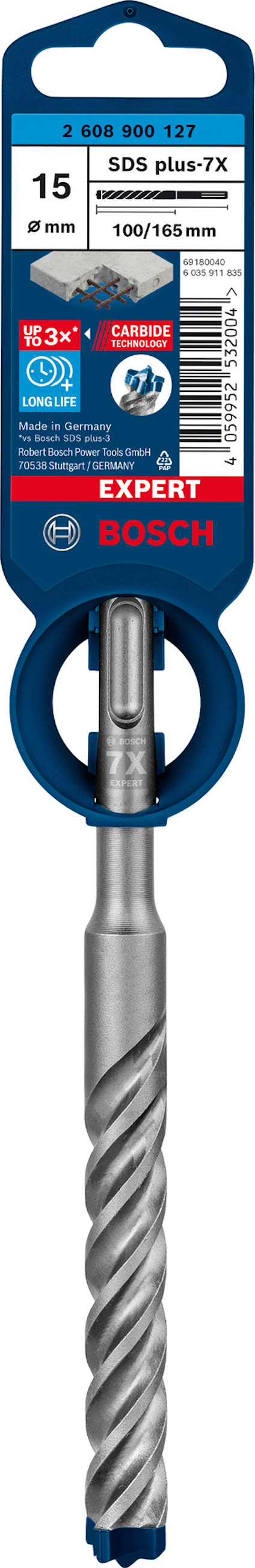 Borr för betong och sten "Bosch SDS plus-7X", 8 mm x 165 mm, etikett med specifikationer.