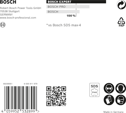 Förpackning med Bosch-logotyp, streckkod, QR-kod och text om specifikationer och tillverkare i Tyskland.