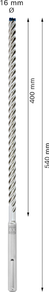Borr med spiralmönster, längd 540 mm, märkt med "Ø 16 mm" och "400 mm".