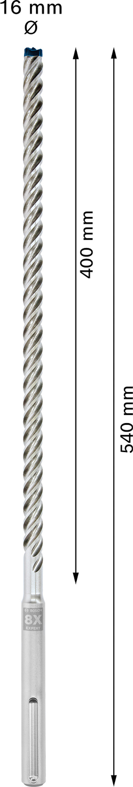 Borr med spiralmönster, längd 540 mm, märkt med "Ø 16 mm" och "400 mm".