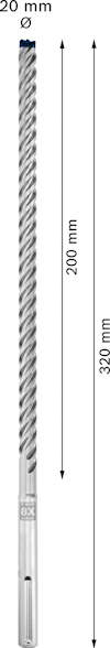 Borr med spiraldesign, 320 mm lång, 20 mm i diameter, med markeringar för djupmått vid 200 mm.
