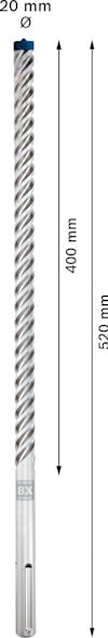 Borr med spiraldesign, 20 mm diameter, 520 mm längd, markeringar vid 400 mm och 520 mm.