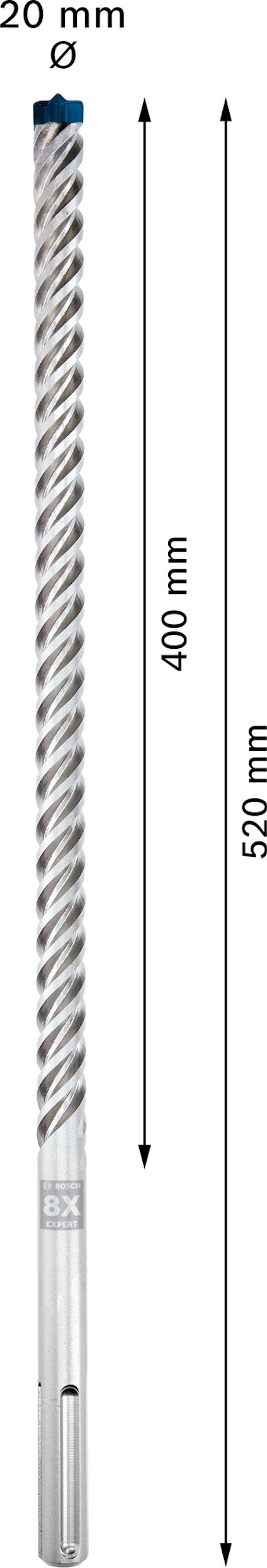 Borr med spiraldesign, 20 mm diameter, 520 mm längd, markeringar vid 400 mm och 520 mm.