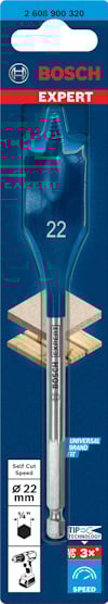 Blå borrbits från Bosch med text "Expert", diameter 22 mm, självsnittande, för träbearbetning. Förpackad i kartong.